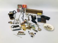 BOX OF MIXED COLLECTABLE ITEMS TO INCLUDE POCKET WATCHES, LIGHTERS ETC.