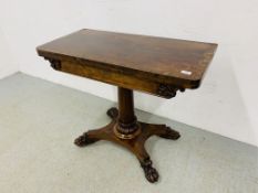 AN EARLY C19TH MAHOGANY ANTIQUE SINGLE PEDESTAL CARD / GAMES TABLE, CLAW FEET - W 91CM. D 45CM.