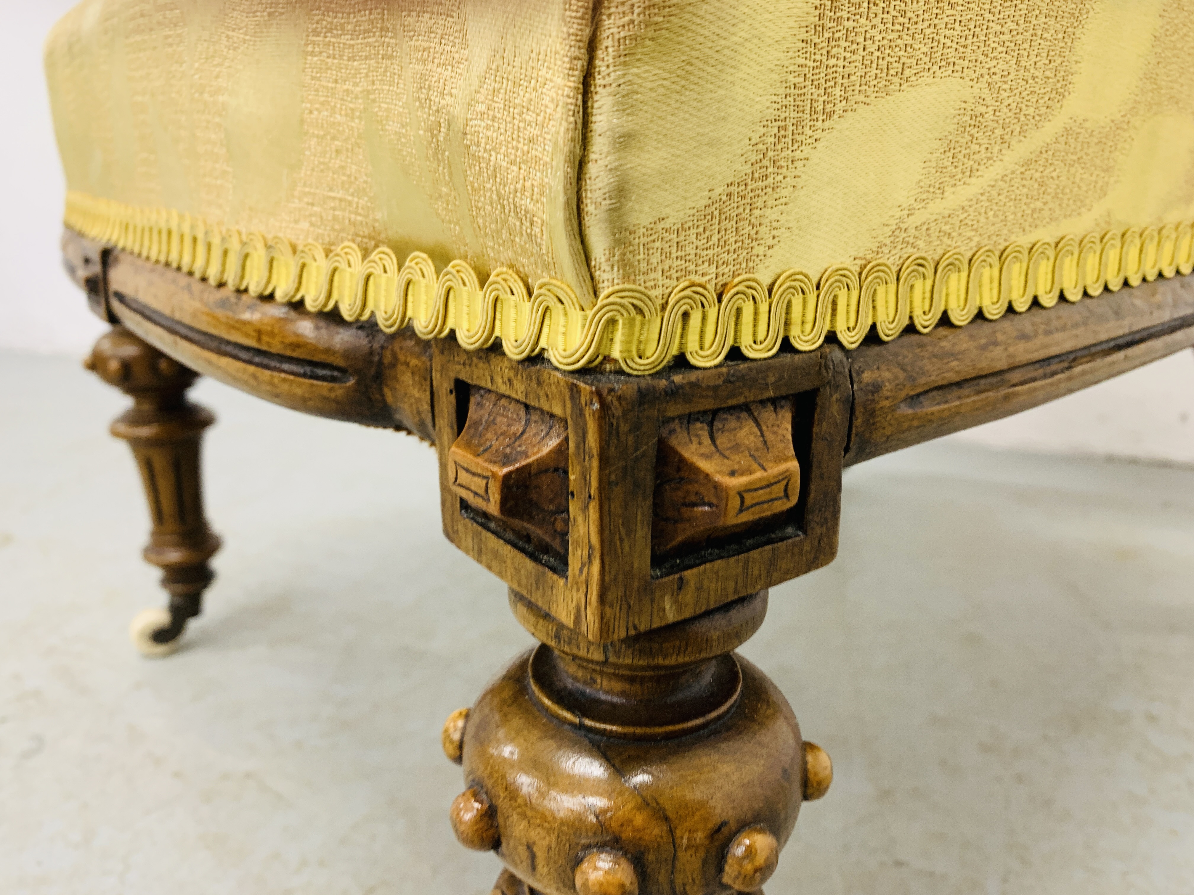 VICTORIAN ORNATE WALNUT NURSING CHAIR, WITH GOLD UPHOLSTERED SEAT AND BACK - H 85CM. - Image 8 of 9