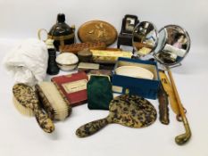 BOX OF ASSORTED COLLECTIBLES TO INCLUDE SHAVING MIRRORS, DRESSING TABLE SET, COLLARS,
