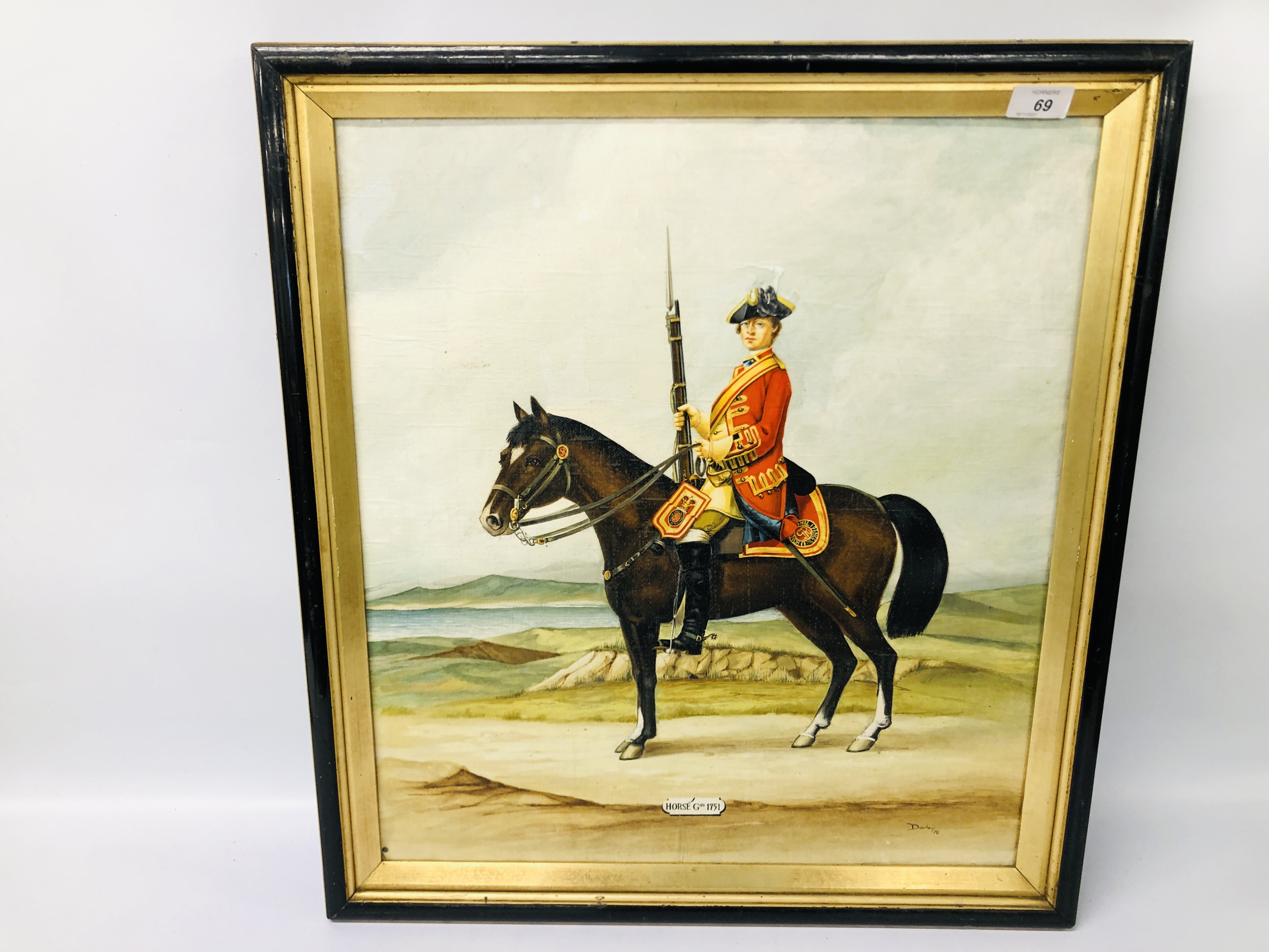 FRAMED OIL ON CANVAS, HORSE GUARDS 1751 BEARING SIGNATURE DARLEY DATED 76 - W 50CM. H 56CM.