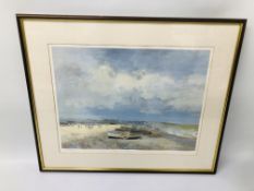 FRAMED PRINT "BEACH SCENE" BEARING PENCIL SIGNATURE JOHN BURMAN - H 30CM. W 48CM.