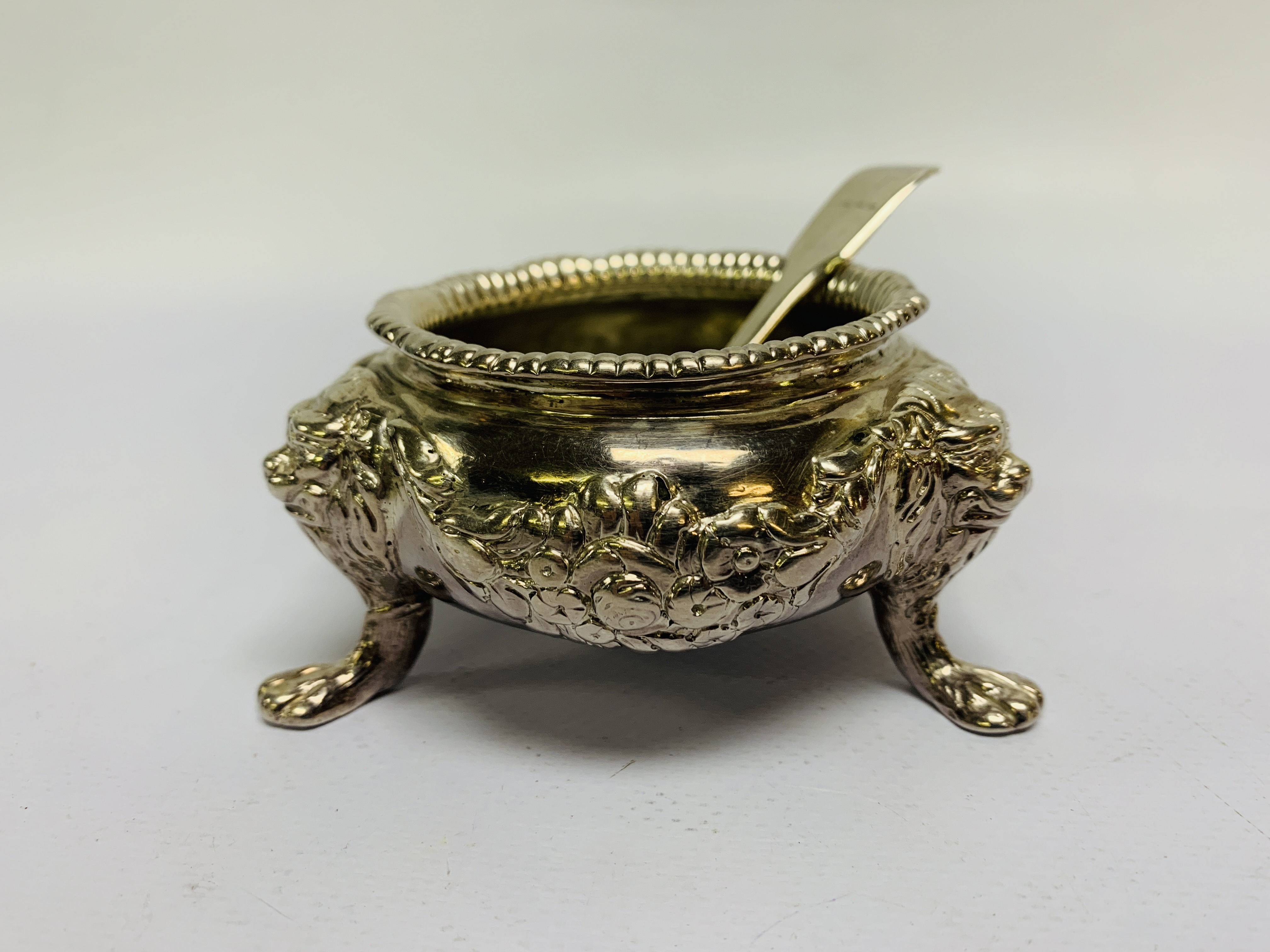 A GEORGE III IRISH TRIPOD SILVER SALT, HAVING LIONS' HEADS ABOVE LIONS' FEET SUPPORTS, - Image 2 of 10