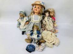 BOX OF ASSORTED DOLLS TO INCLUDE A VINTAGE DOLL BISQUE STYLE HEAD, COMPOSITE BODY,