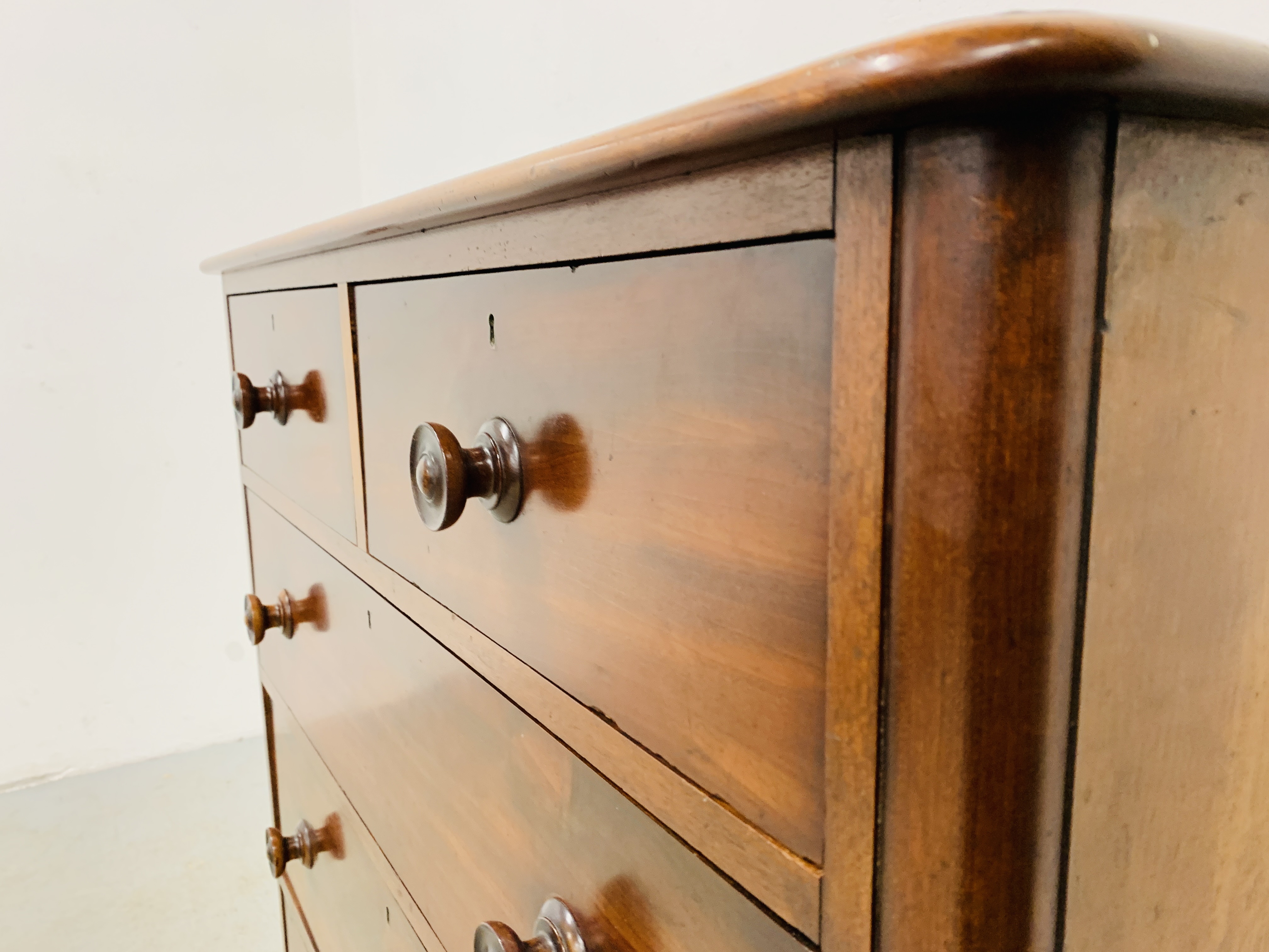 VICTORIAN MAHOGANY TWO OVER THREE DRAWER CHEST WITH TURNED HANDLES - W 106CM. D 50CM. H 112CM. - Image 6 of 10