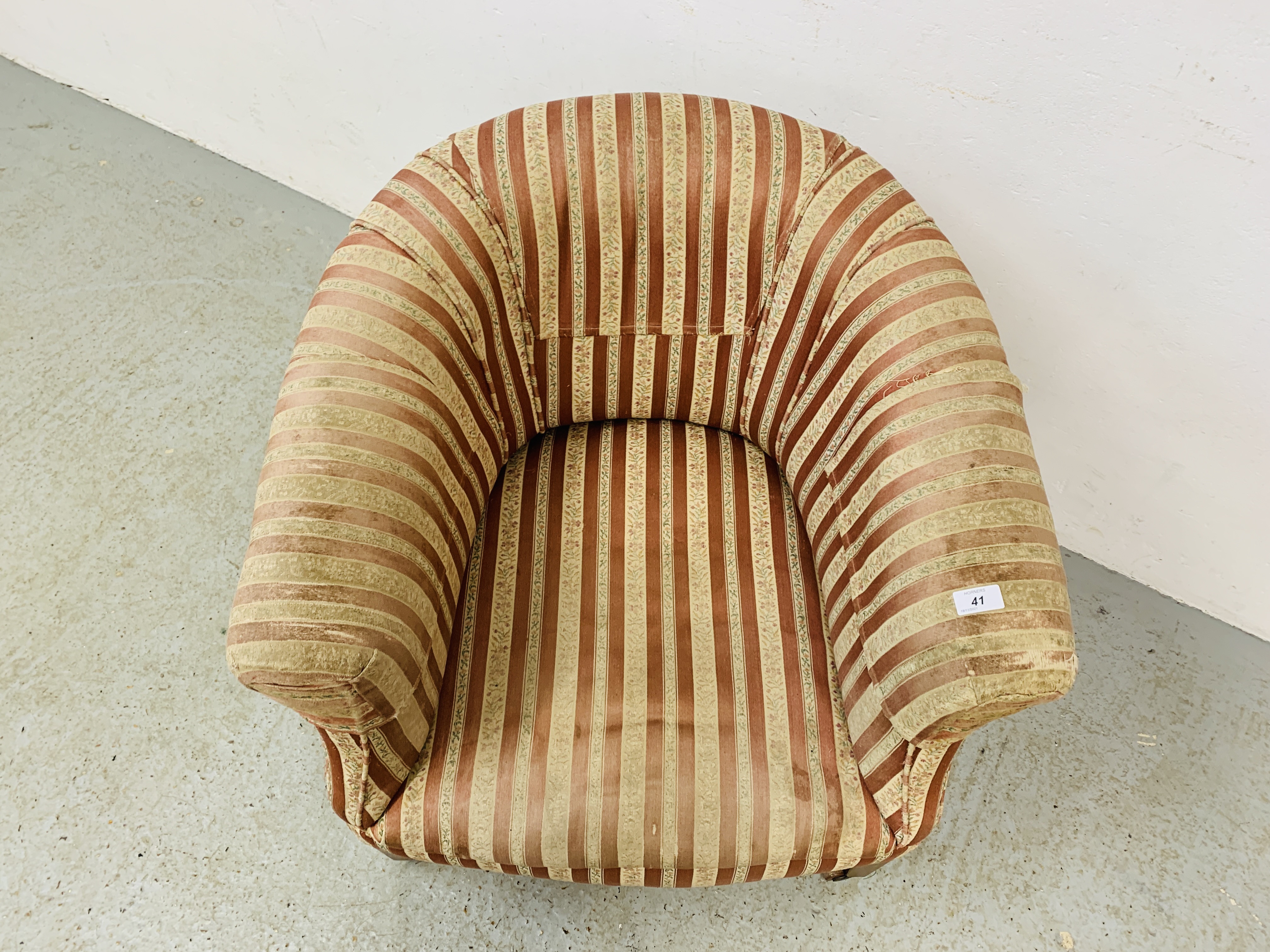ANTIQUE TUB CHAIR, ORIGINAL STRIPPED MATERIAL, - Image 7 of 7