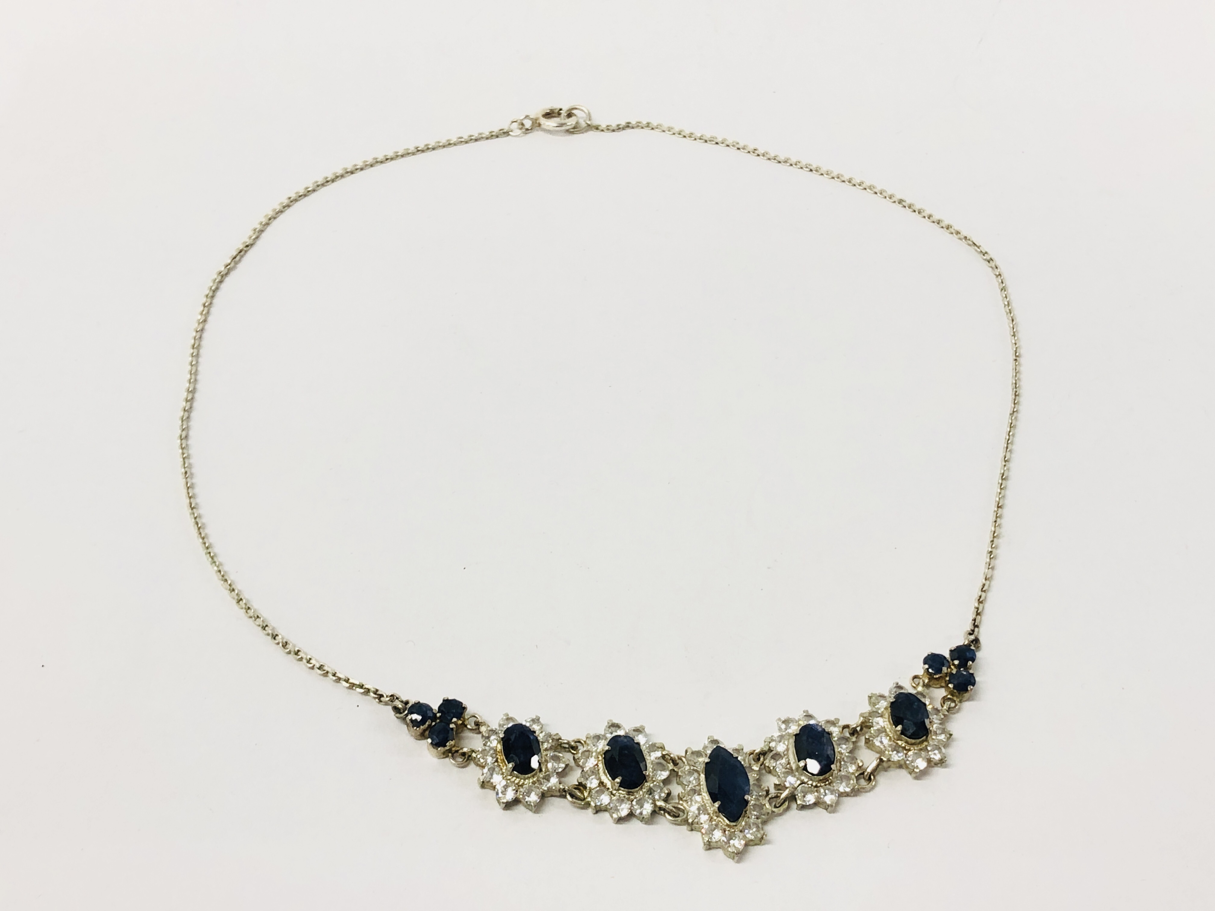 DECORATIVE SILVER EVENING NECKLACE SET WITH CENTRAL BLUE STONE, - Image 3 of 4
