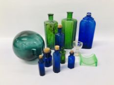 COLLECTION OF VINTAGE GLASS CHEMISTS BOTTLE AND A WITCHES BALL