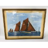 FRAMED TOM SWAN SAILING BARGE COMING INTO HARBOUR - W 77CM X H 55CM.