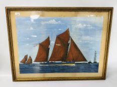 FRAMED TOM SWAN SAILING BARGE COMING INTO HARBOUR - W 77CM X H 55CM.