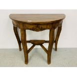 DESIGNER HARDWOOD HALF MOON HALL TABLE WITH CARVED DETAIL ON A STRETCHER STYLE BASE - W 83CM.