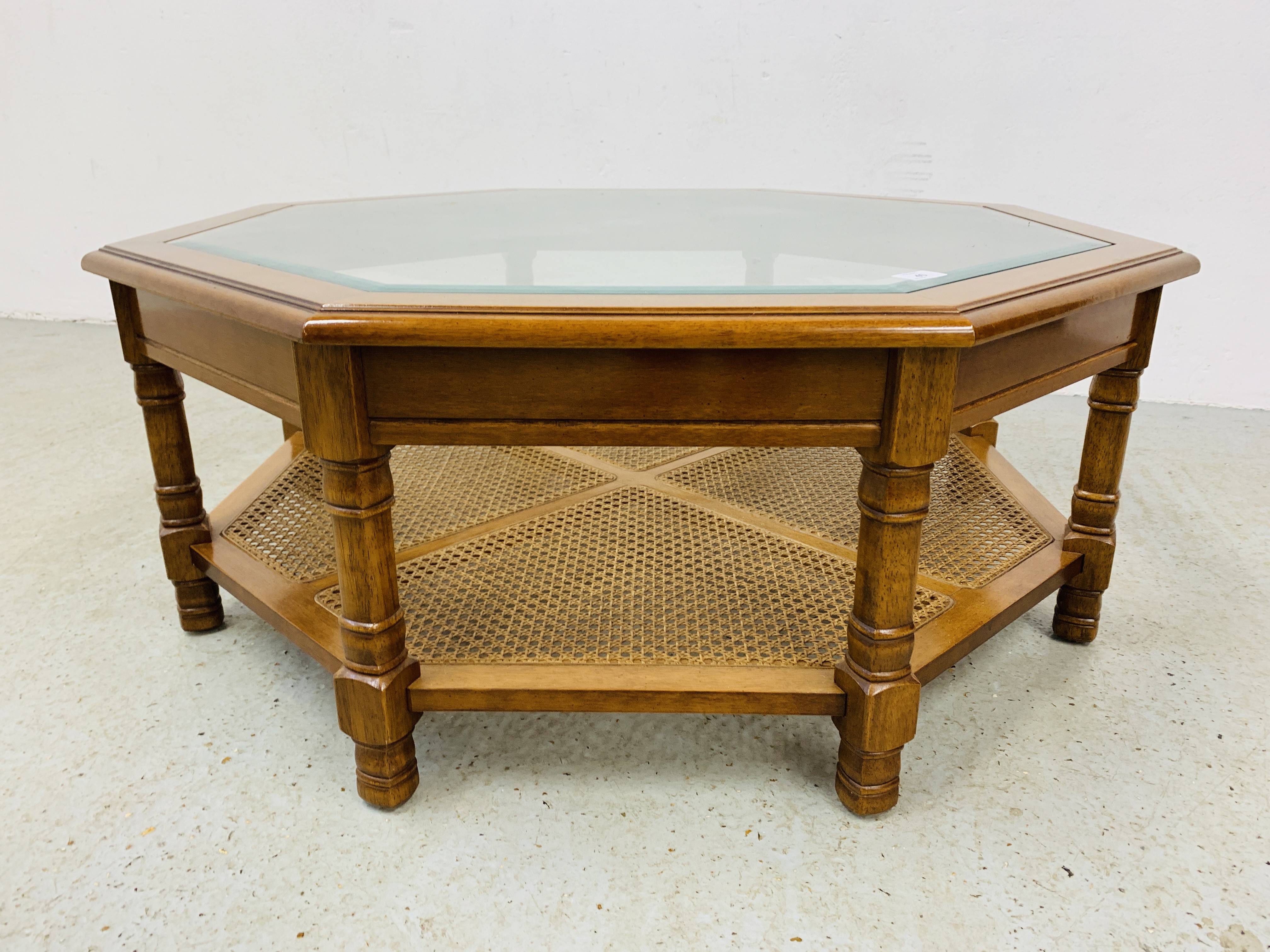 MODERN OCTAGON GLAZED COFFEE TABLE WITH RATTAN LOWER TIER - W 96CM. D 96CM. H 39CM. - Image 3 of 6