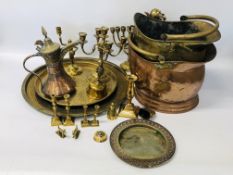 A GROUP OF BRASS AND COPPERWARES TO INCLUDE IRANIAN DECORATED TRAYS, TURKISH COFFEE POTS,