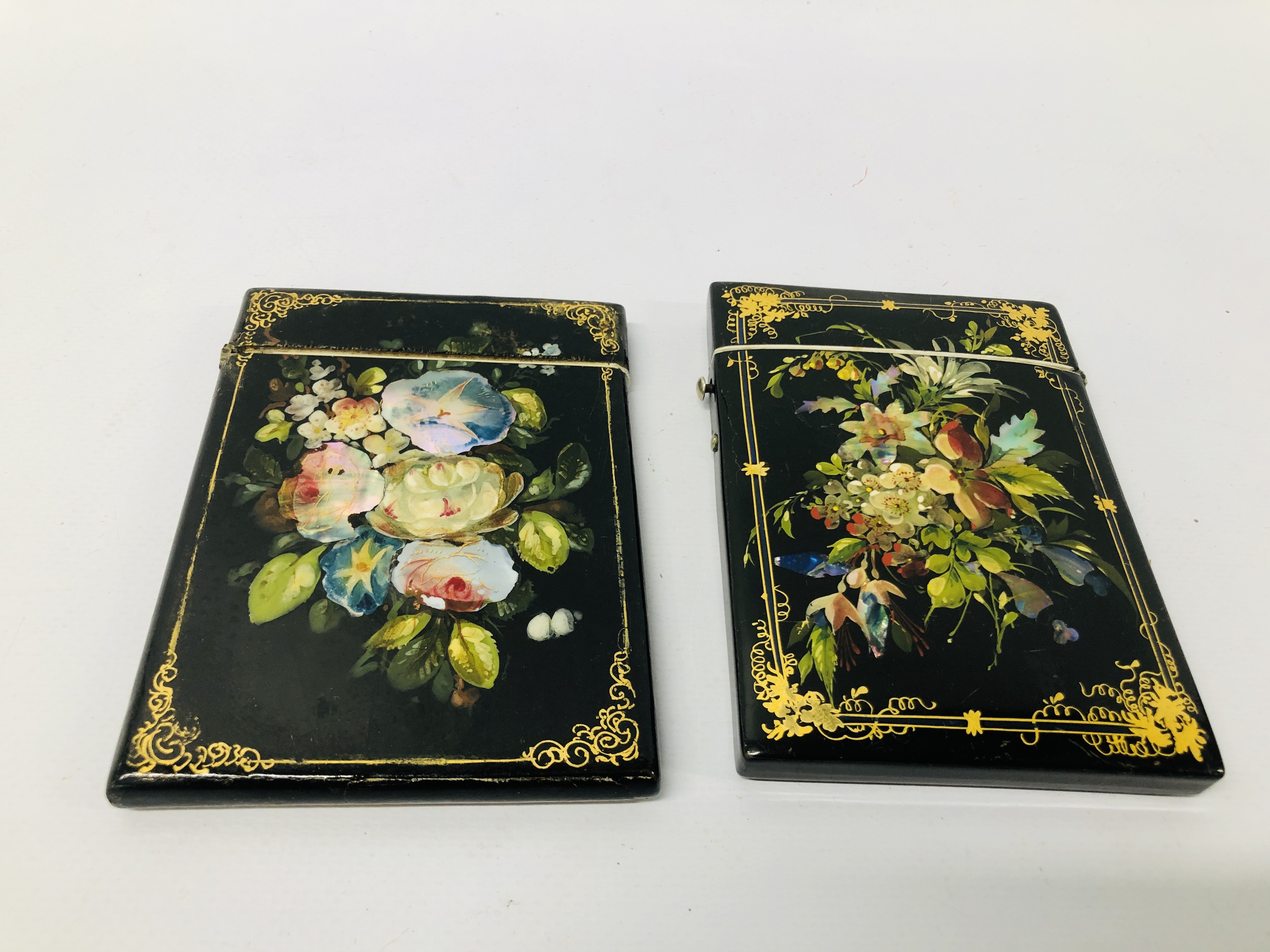 2 X VICTORIAN PAPIER MACHE CARD CASES BEAUTIFULLY DECORATED WITH HAND PAINTING MOTHER OF PEARL