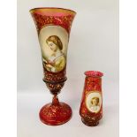 C19TH BOHEMIAN CRANBERRY GLASS PORTRAIT VASE, GILDED FLOWERS & FOLIAGE,