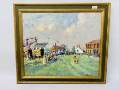 FRAMED OIL ON BOARD "MARTHAM VILLAGE FAIR" BEARING SIGNATURE "G. CHATTEN" - W 59CM. H 49CM.