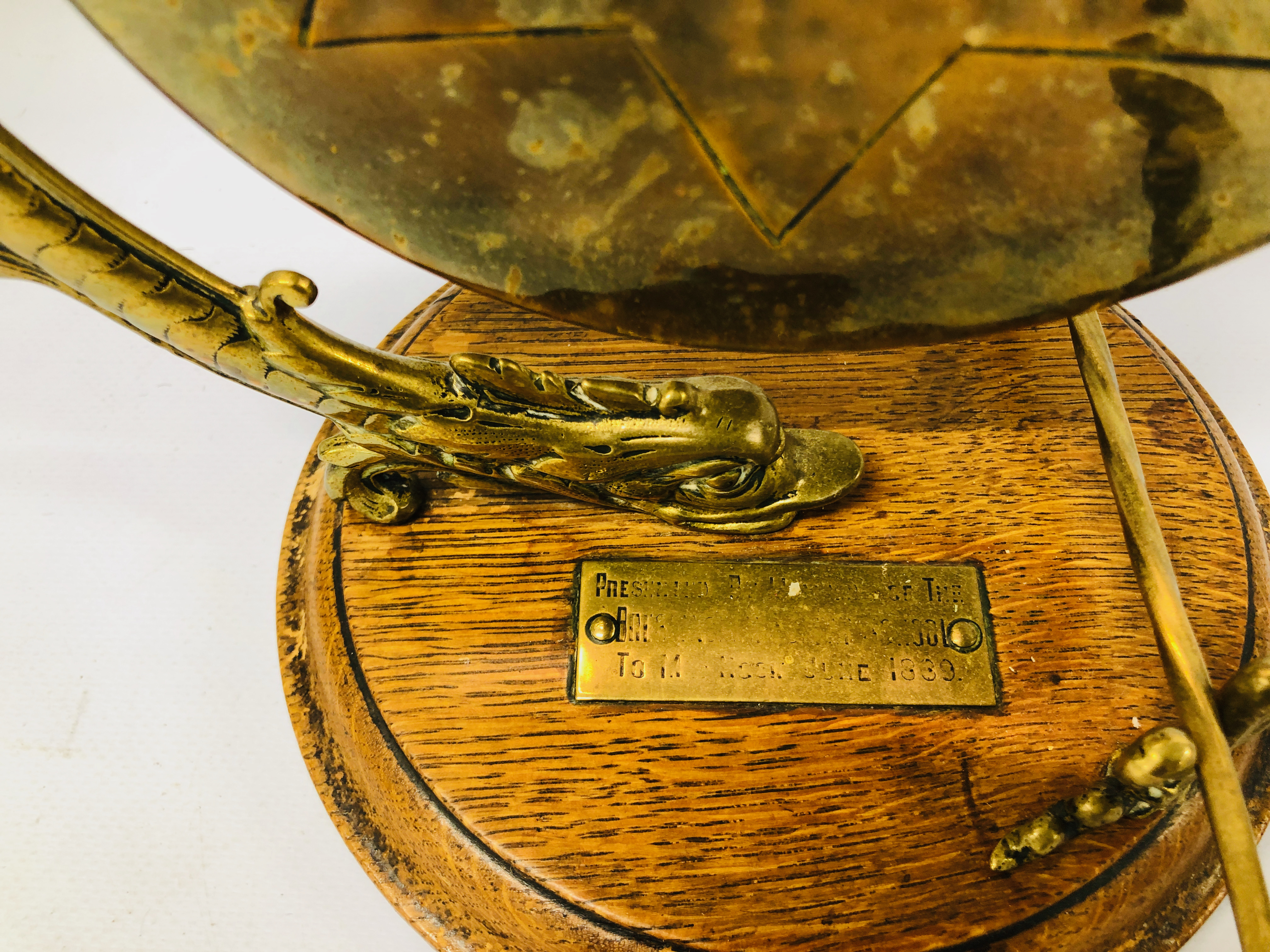 VINTAGE BRASS GONG ON AN OAK PLINTH, INDISTINCT SIGNATURE 1839, - Image 9 of 12