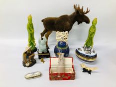 BOX OF VINTAGE COLLECTIBLES TO INCLUDE LIMOGES TRINKET BOX, ORIENTAL HARDSTONE FIGURE,