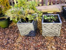 A PAIR OF SLATE EFFECT SQUARE GARDEN PLANTERS WIDTH 39CM,