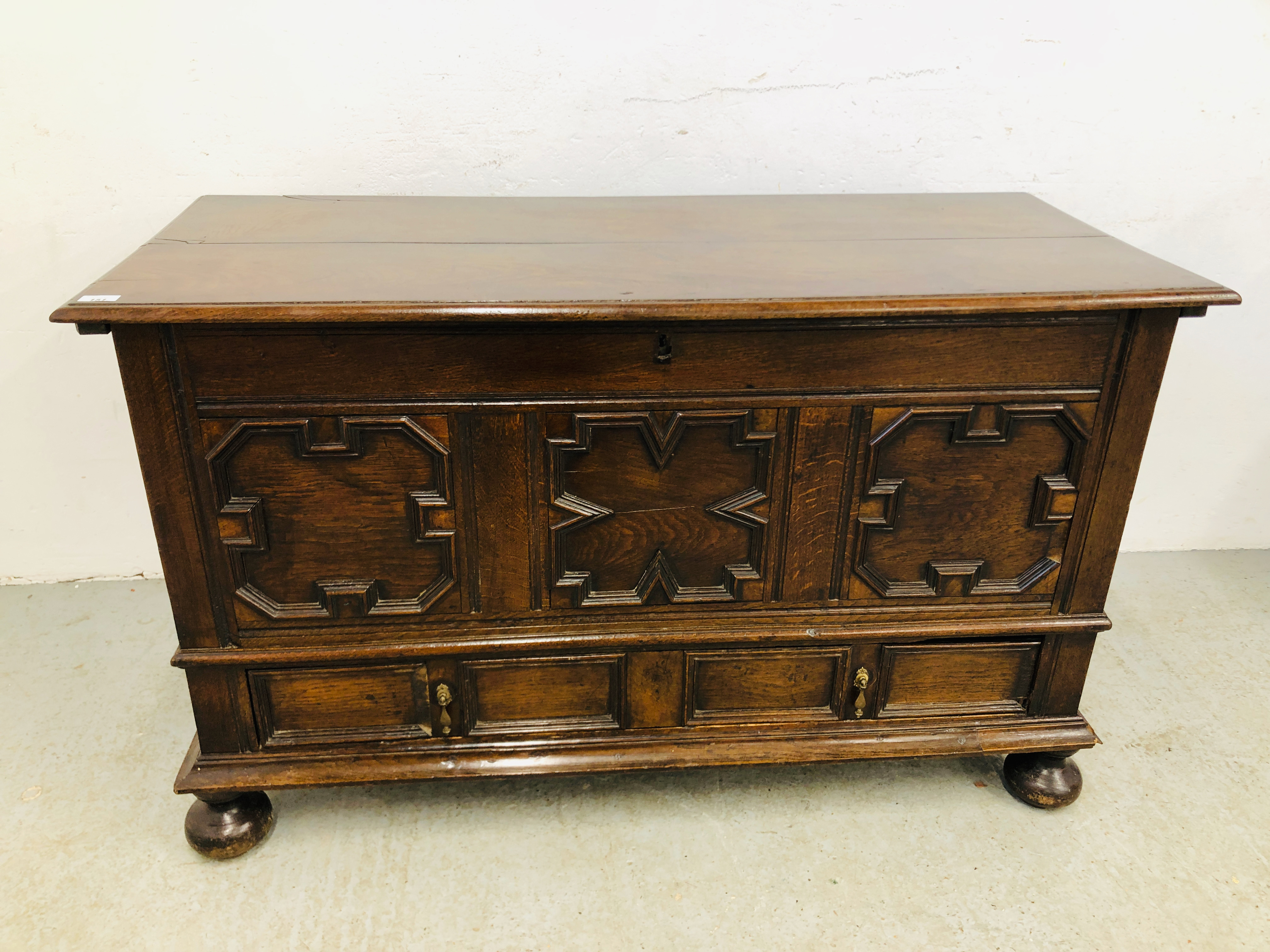 ANTIQUE OAK COFFER WITH TWO DRAWERS IN THE JACOBEAN STYLE - W 131CM. D 55CM. H 79CM. - Image 7 of 12
