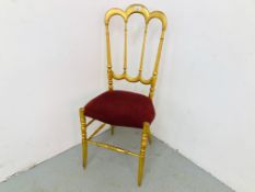 VINTAGE GOLD FINISH BANQUETING CHAIR, RED VELVET SEAT COVER - H 98CM.