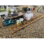 A SMALL GROUP OF GARDENING HAND TOOLS, WHEEL BARROW, LOG CARRIER, RONSEAL FENCE CARE,