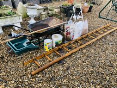 A SMALL GROUP OF GARDENING HAND TOOLS, WHEEL BARROW, LOG CARRIER, RONSEAL FENCE CARE,