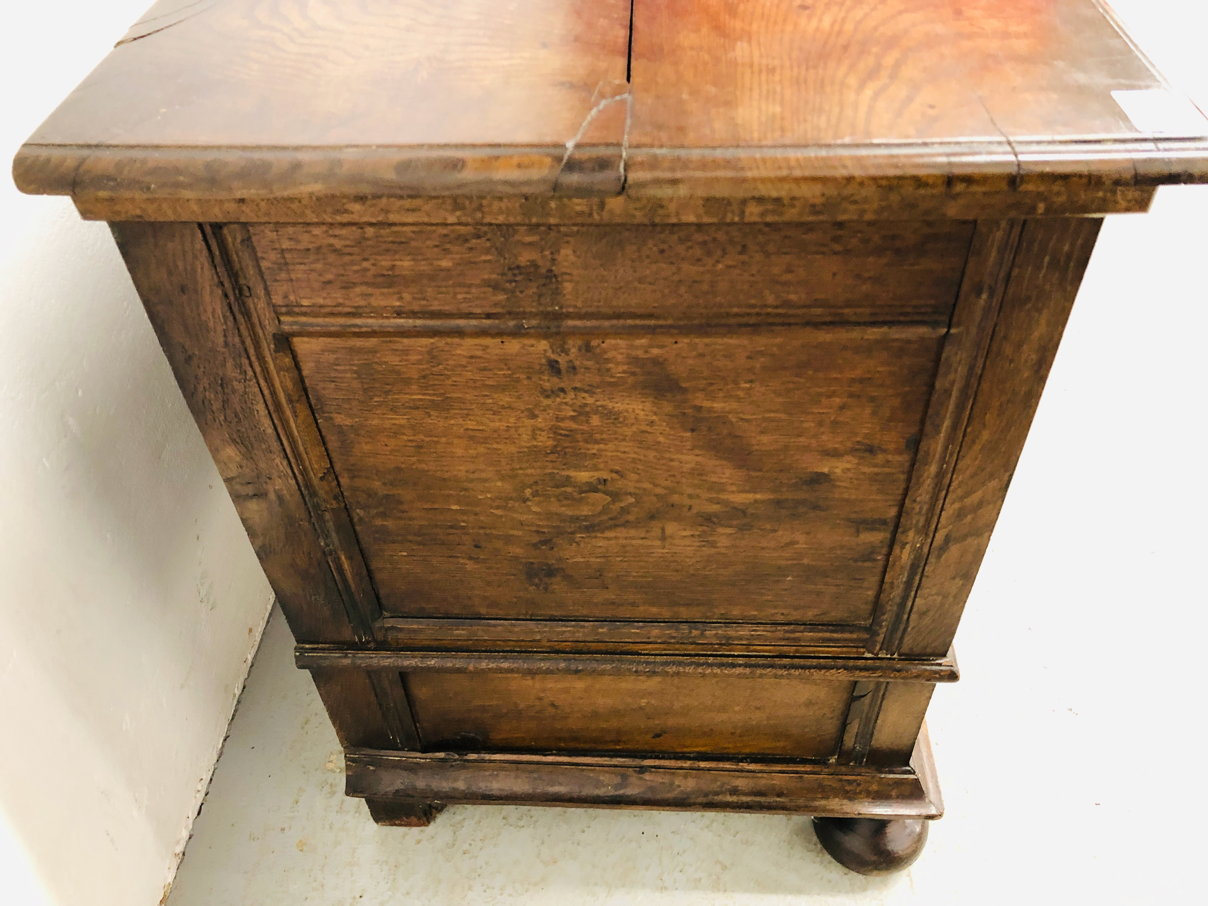ANTIQUE OAK COFFER WITH TWO DRAWERS IN THE JACOBEAN STYLE - W 131CM. D 55CM. H 79CM. - Image 5 of 12