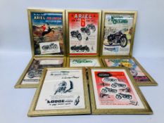 8 X FRAMED 1950'S COLOURED MOTOR CYCLE ADVERTISING PAGES W 20CM,