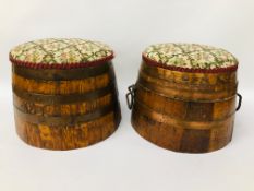 PAIR OF VINTAGE LOW FOOT STOOLS FASHIONED OUT OF WHISKY BARRELS, COPPER BANDING - H 24CM.