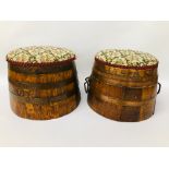 PAIR OF VINTAGE LOW FOOT STOOLS FASHIONED OUT OF WHISKY BARRELS, COPPER BANDING - H 24CM.