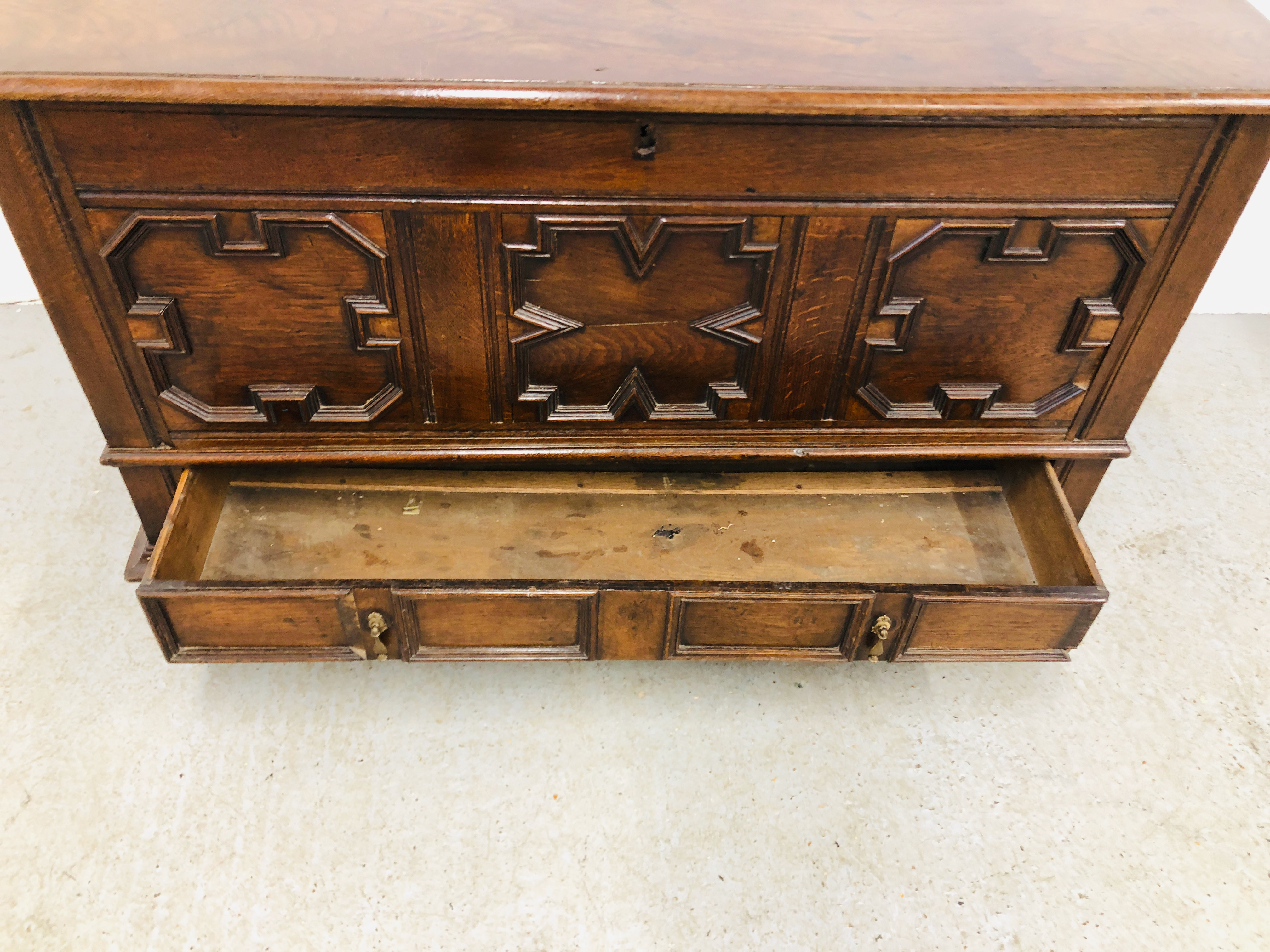 ANTIQUE OAK COFFER WITH TWO DRAWERS IN THE JACOBEAN STYLE - W 131CM. D 55CM. H 79CM. - Image 8 of 12