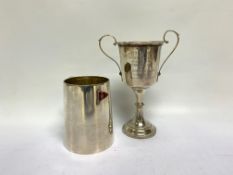 2 SILVER SAILING TROPHY CUPS, ONE CYLINDRICAL WITH ENAMEL ROYAL INSIGNIA,