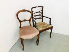 EDWARDIAN INLAID BEDROOM CHAIR ALONG WITH A BALLOON BACK CHAIR