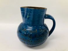 VINTAGE BLUE GLAZED TERRACOTTA JUG INSCRIPTION "WORDS & FIGURES ARE EASILY CHANGED BUT ACTIONS WITH