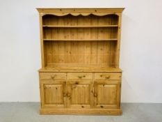 RUSTIC WAXED PINE 3 DOOR 3 DRAWER DRESSER W 158CM, D 44CM,