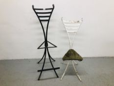 2 X VINTAGE DESIGNER METAL WORK CHAIRS / BAR STOOL, ON FOUR SPLAYED LEGS,