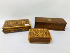 2 X ITALIAN DESIGN JEWELLERY BOXES ALONG WITH AN OAK VINTAGE BOX WITH A CENTRAL INLAID MOTIF