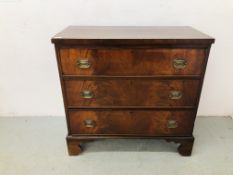 VINTAGE MAHOGANY 3 DRAWER CHEST WITH BRASS HANDLES W 89CM, D 43CM,