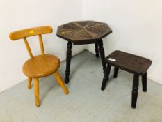 TWO SMALL STOOLS/OCC TABLES WITH HANDCARVED DESIGNS (THE SMALLER W 23CM, D 17CM, H 23CM,