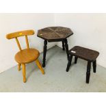 TWO SMALL STOOLS/OCC TABLES WITH HANDCARVED DESIGNS (THE SMALLER W 23CM, D 17CM, H 23CM,