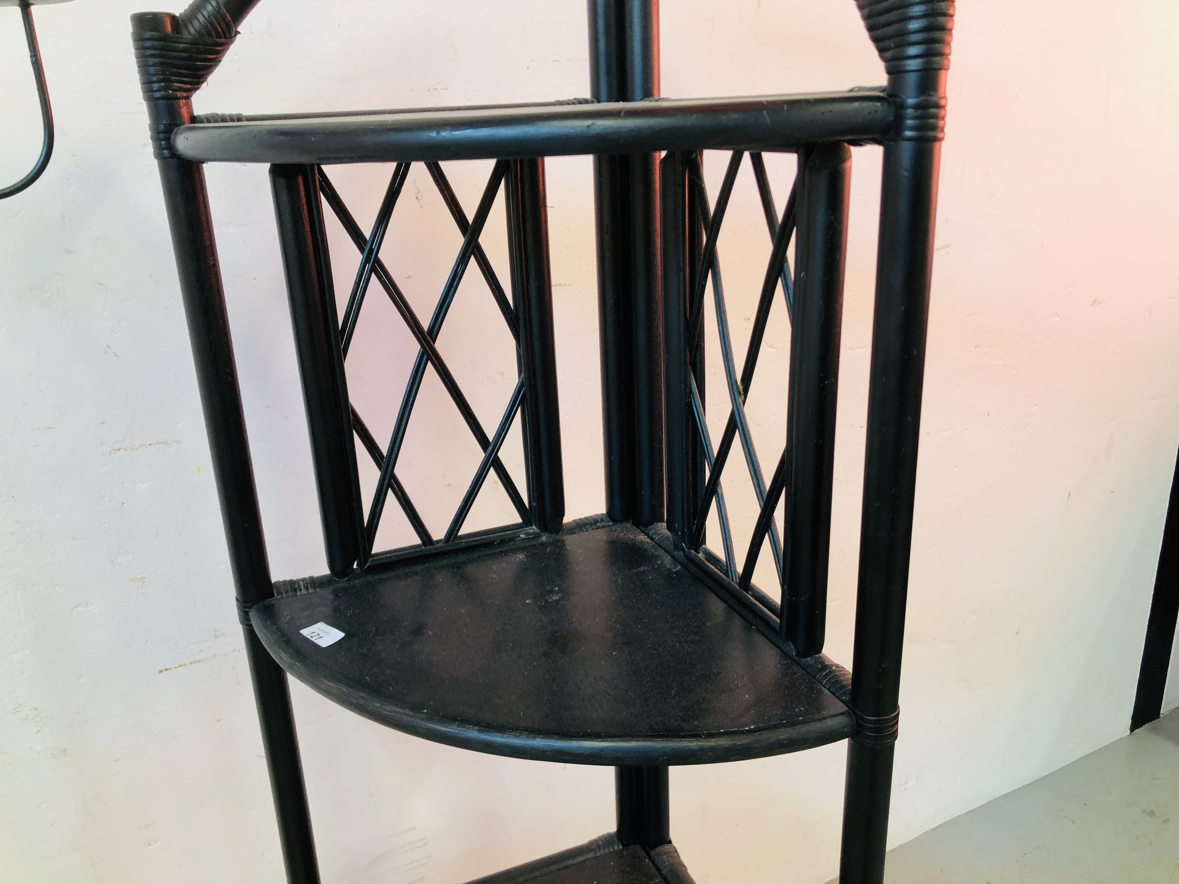 A CANE WORK FOUR TIER CORNER STAND AND A METAL CRAFT FLOOR STANDING CANDELABRA - Image 4 of 5