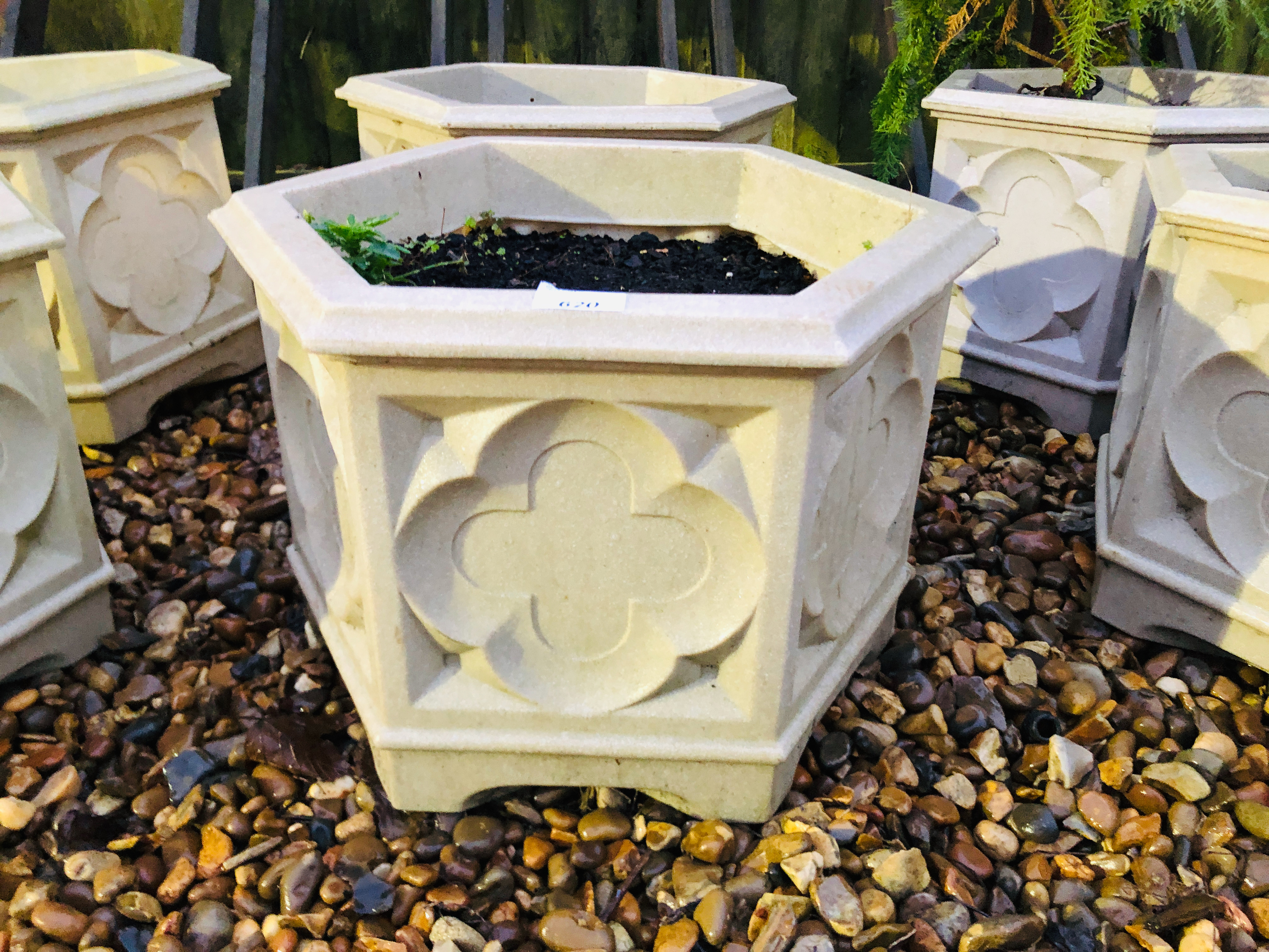 SIX MATCHING STONE EFFECT HEXAGONAL GARDEN PLANTERS HEIGHT 30CM, - Image 2 of 3