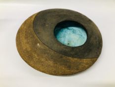 STUDIO POTTERY BOWL MARKED "CLIVE BROOKER" TEXTURED SURFACE, BLUE GLAZED INNER - D 36CM.