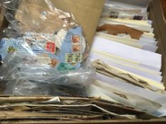 BOX WITH ALL WORLD STAMPS SORTED INTO ENVELOPES BY COUNTRY, MUCH RHODESIAS, KUT ETC.