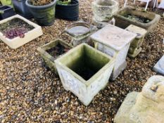 A GROUP OF STONEWORK GARDEN PLANTERS AND PLYNTHS (7 PIECES)