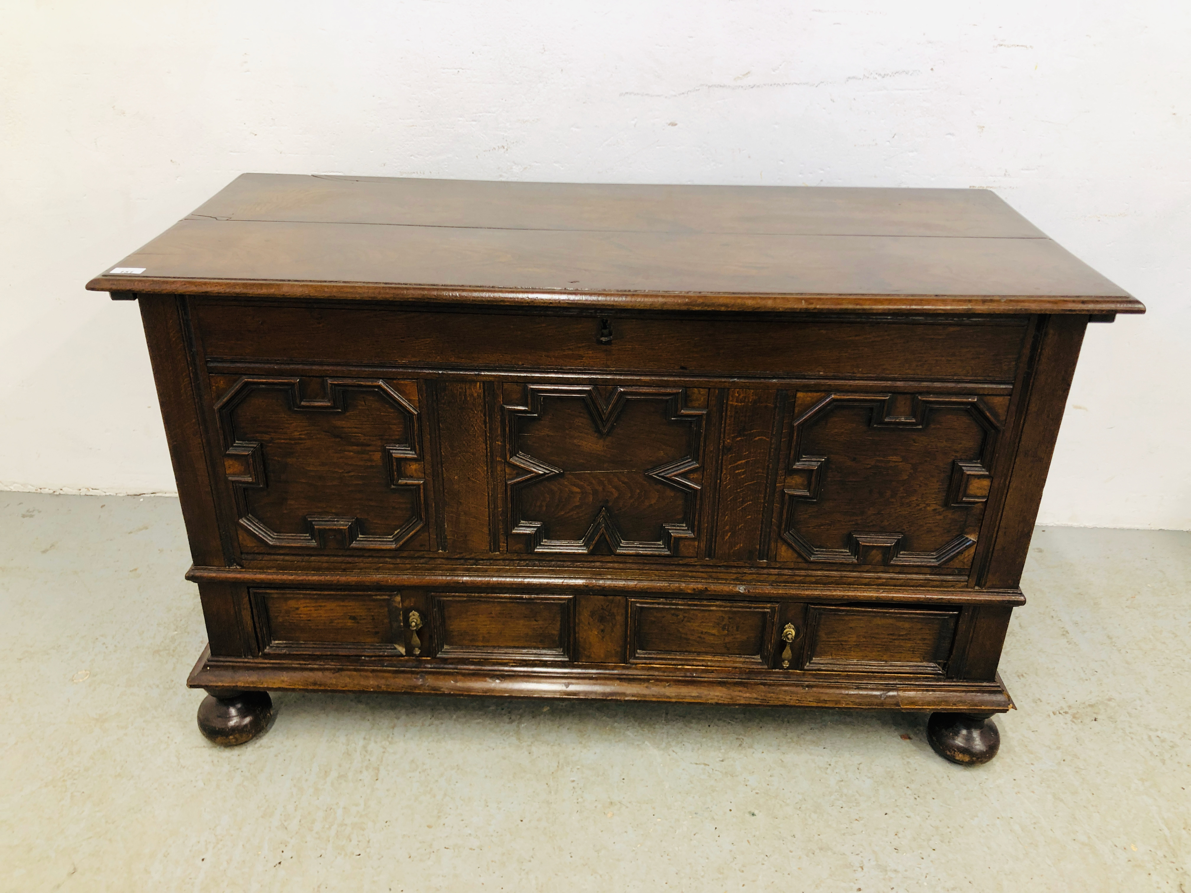 ANTIQUE OAK COFFER WITH TWO DRAWERS IN THE JACOBEAN STYLE - W 131CM. D 55CM. H 79CM.