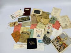 BOX OF ASSORTED VINTAGE EPHEMERA TO INCLUDE RATION,