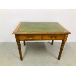 VINTAGE OAK 2 DRAWER DESK, GREEN TOOLED LEATHER TOP, TURNED LEGS - W 108CM., D 75CM., H 76CM.