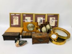 BOX OF ASSORTED COLLECTIBLES TO INCLUDE GLOBE BOOKENDS, PAIR OF OVAL GILT FRAMED MIRRORS,